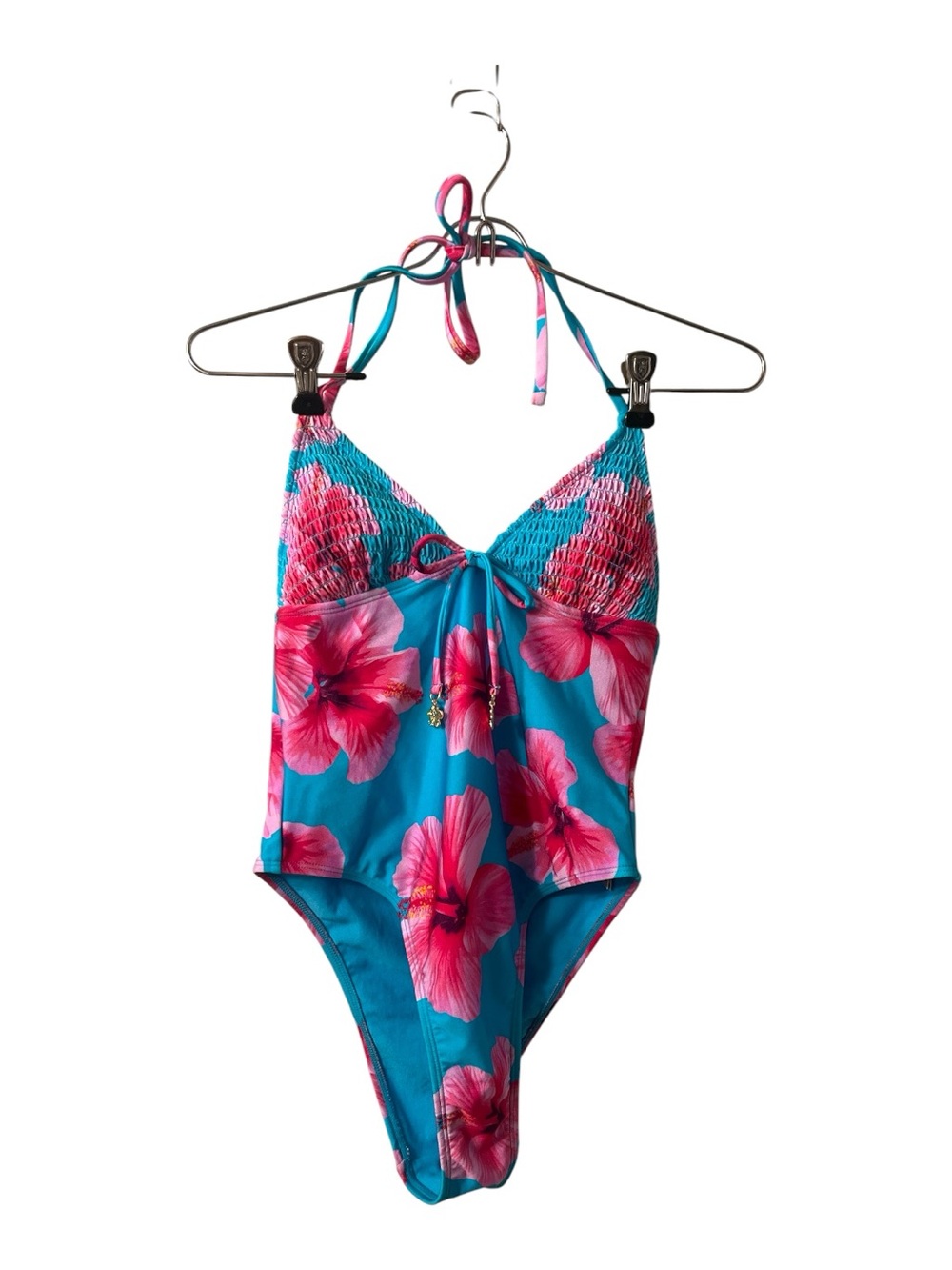 No Boundaries Blue and Pink Floral Halter One-Piece Swimsuit